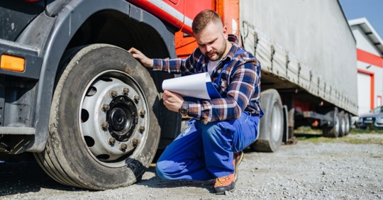 truck driver checking damage after accident
