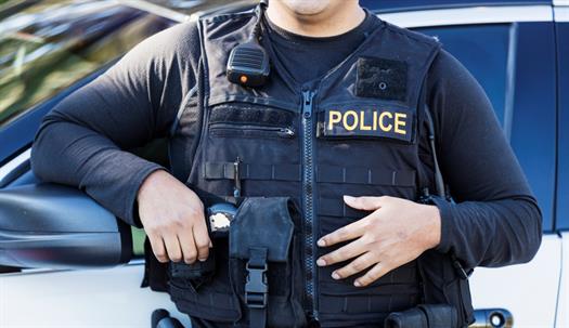 Police officer in black tactical vest with "POLICE" patch standing by patrol car.