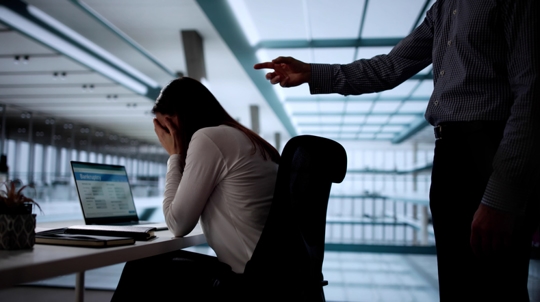 A distressed office worker sits at a desk covering her face while a standing supervisor points at her in a modern workplace setting.